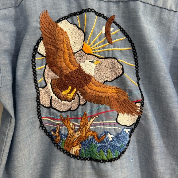 Vintage Levi's Orange Tab Hand Embroidered Button Up Chambray Shirt Bald Eagle - Picture 3 of 15